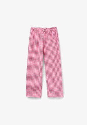 Pantalon de pyjama à carreaux vichy rose et blanc avec une taille élastique et un cordon à l'avant.