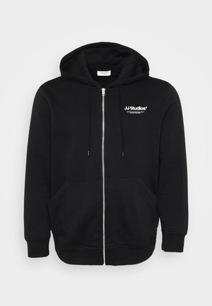 Black zip-up hoodie made of cotton blend, featuring a front kangaroo pocket, drawstring hood, and white logo on the chest.