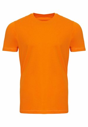 Kurzarm-T-Shirt in leuchtendem Orange, aus weicher Baumwolle, mit rundem Halsausschnitt und glatter Textur, versehen mit einfachen Nähdetails.