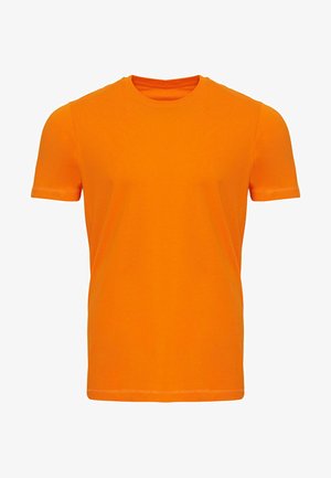 Kurzarm-T-Shirt in leuchtendem Orange, aus weicher Baumwolle, mit rundem Halsausschnitt und glatter Textur, versehen mit einfachen Nähdetails.