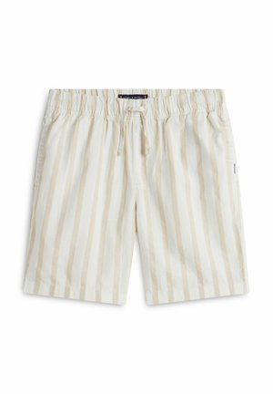 Pantaloncini beige e bianchi a righe verticali con vita elasticizzata e coulisse, lunghezza a metà coscia, stile casual.