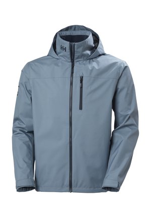 Giacca impermeabile azzurro chiaro con cappuccio, cerniera frontale, tasca sul petto con cerniera e polsini regolabili, progettata per l'uso all'aperto.