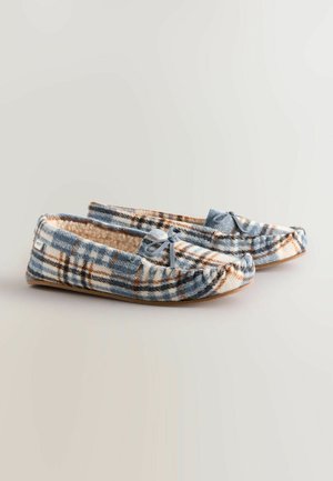 Papuci în carouri de culoare albastră, crem și maronie. Material moale cu interior căptușit, cu o fundiță decorativă pe fiecare pantof. Talpă plată.