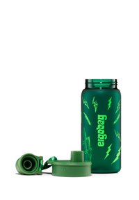 Green plastic water bottle features lightning bolt graphics, a matching cap, and a removable straw. Textured surface enhances grip.