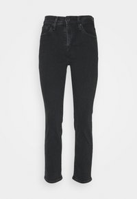 Jean noir taille haute slim avec poches avant et fermeture par bouton, présenté sur un fond blanc uni.
