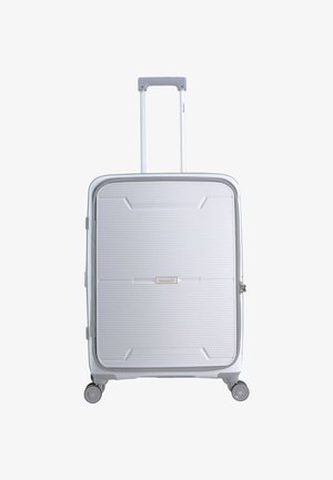 Weißer Hartschalenkoffer mit Teleskopgriff, vier Spinner-Rädern und einer kleinen Logo-Plakette auf der Vorderseite.