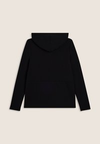 Felpa nera con cappuccio, caratterizzata da un pannello inferiore testurizzato, maniche lunghe e una vestibilità morbida. Materiale liscio senza loghi o motivi visibili.