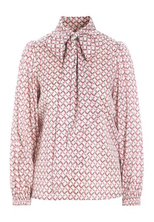 Bluzka z długim rękawem, z marszczonymi mankietami i przednim kołnierzem z wiązaniem, z różowo-niebieskim wzorem splecionych kół.