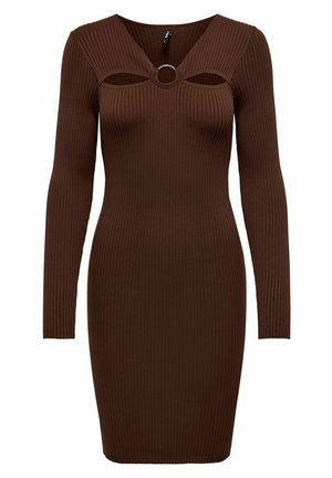 Žebrované šaty s dlouhým rukávem v tmavě hnědé barvě s hlubokým výstřihem do V a kruhovým výřezem na hrudi, těsně přiléhající silueta do kolen.
