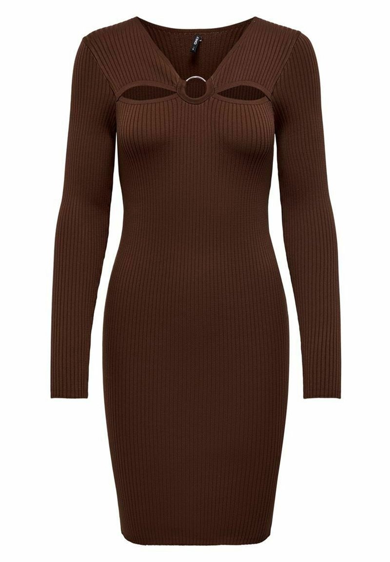 Robe à manches longues côtelée de couleur brun foncé avec un profond décolleté en V et une découpe circulaire au niveau de la poitrine, silhouette ajustée jusqu'au genou.