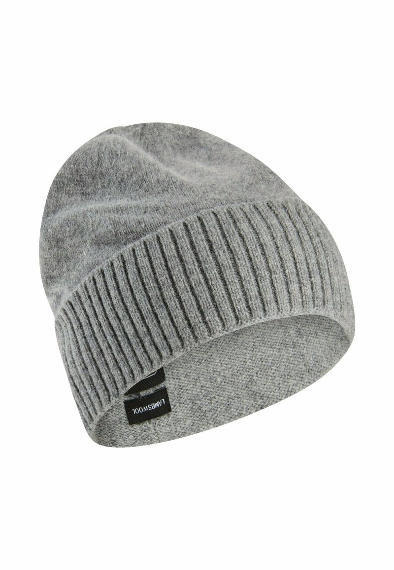 Graue Mütze aus Wolle mit einem gerippten Saum und einer glatten, weichen Textur. Z tapered Form mit einem kleinen sichtbaren Markentag.