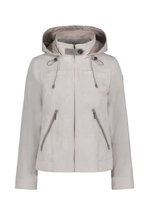 Licht beige jack met capuchon, voor rits, twee zijzakken met rits, trekkoorden en gestikte details. Gladde textuur.