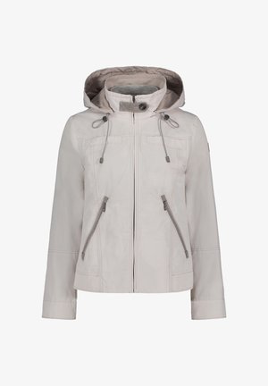 Licht beige jack met capuchon, voor rits, twee zijzakken met rits, trekkoorden en gestikte details. Gladde textuur.