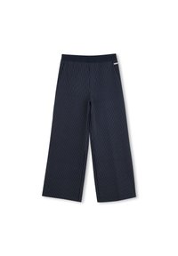 Wijdpijpsbroeken in navy met verticale witte strepen, met een elastische tailleband en een zachte, gladde textuur.