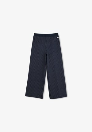 Wijdpijpsbroeken in navy met verticale witte strepen, met een elastische tailleband en een zachte, gladde textuur.