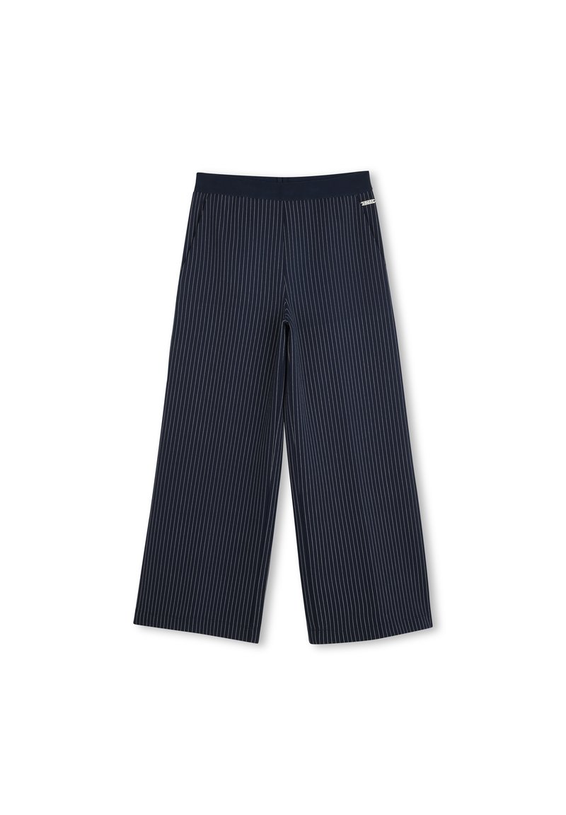 Wijdpijpsbroeken in navy met verticale witte strepen, met een elastische tailleband en een zachte, gladde textuur.