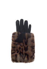 Gant en tissu noir avec manchette en fausse fourrure tachetée marron et noire, présenté à plat avec les doigts étendus sur un fond blanc.