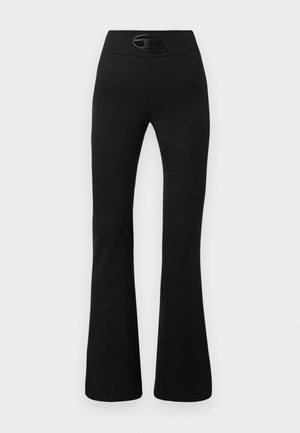 Czarne spódnie w stylu dzwonów o gładkiej fakturze i szerokim pasku w talii, z błyszczącym owalnym detalem logo z przodu.