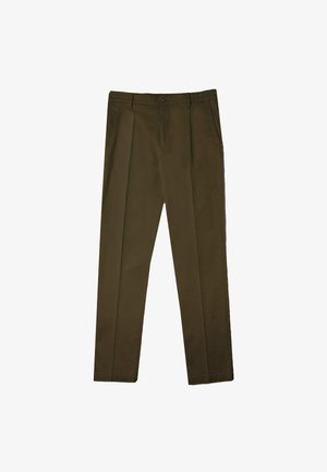 Pantaloni verdi oliva con design a gamba dritta, fronte piegato, due tasche laterali e un solo bottone in vita. Tessuto misto cotone.