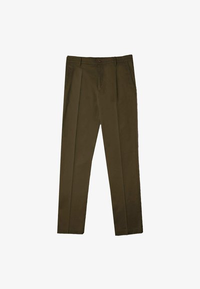 Olijfgroene broek met een recht model, geplooide voorkant, twee zijzakken en een enkele knop op de tailleband. Van een katoenmixstof.