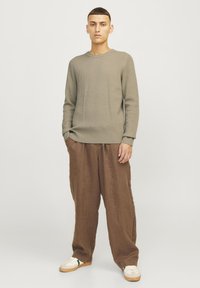 Pulover lung cu maneci lungi de un verde măsliniu, cu textură rigide, asortat cu pantaloni lejeri din in maroniu și adidași albi cu accente subtiles verzi. Stil casual.