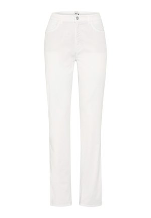 Jean blanc à jambes droites avec fermeture avant par boutons et fermeture éclair, passants pour ceinture et deux poches avant.