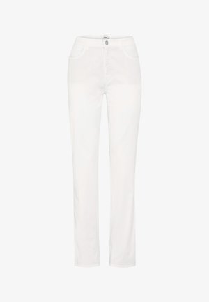 Weiße Jeans mit geradem Bein, Vorderverschluss mit Knopf und Reißverschluss, Gürtelschlaufen und zwei vorderen Taschen.