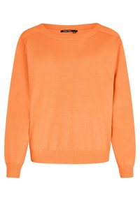 Orange tröja gjord av mjukt stickat tyg. Den har en rund halsringning, långa ärmar samt ribbade manschetter och nederkant. Enkel, enfärgad design.