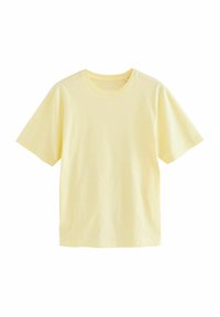 Korte mouwen T-shirt in lichtgeel, gemaakt van zachte katoen. Klassieke ronde hals met een ontspannen pasvorm en zonder patronen of afbeeldingen.