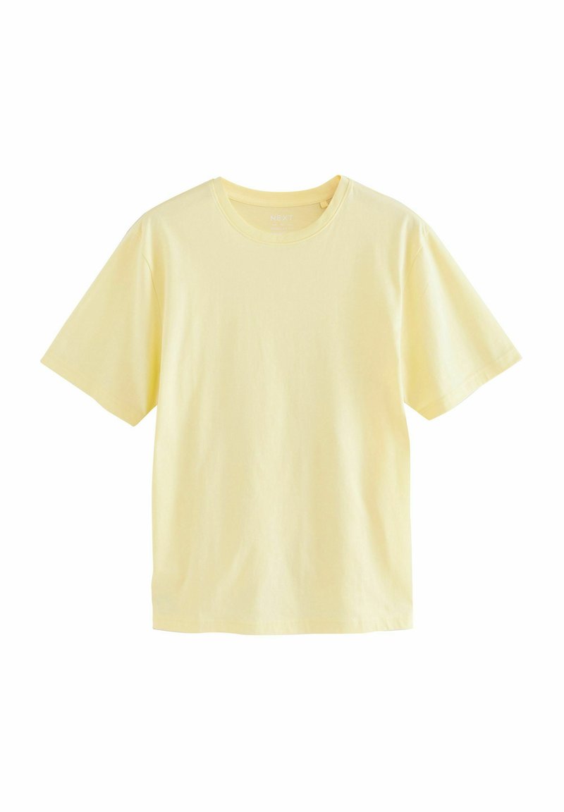 Korte mouwen T-shirt in lichtgeel, gemaakt van zachte katoen. Klassieke ronde hals met een ontspannen pasvorm en zonder patronen of afbeeldingen.