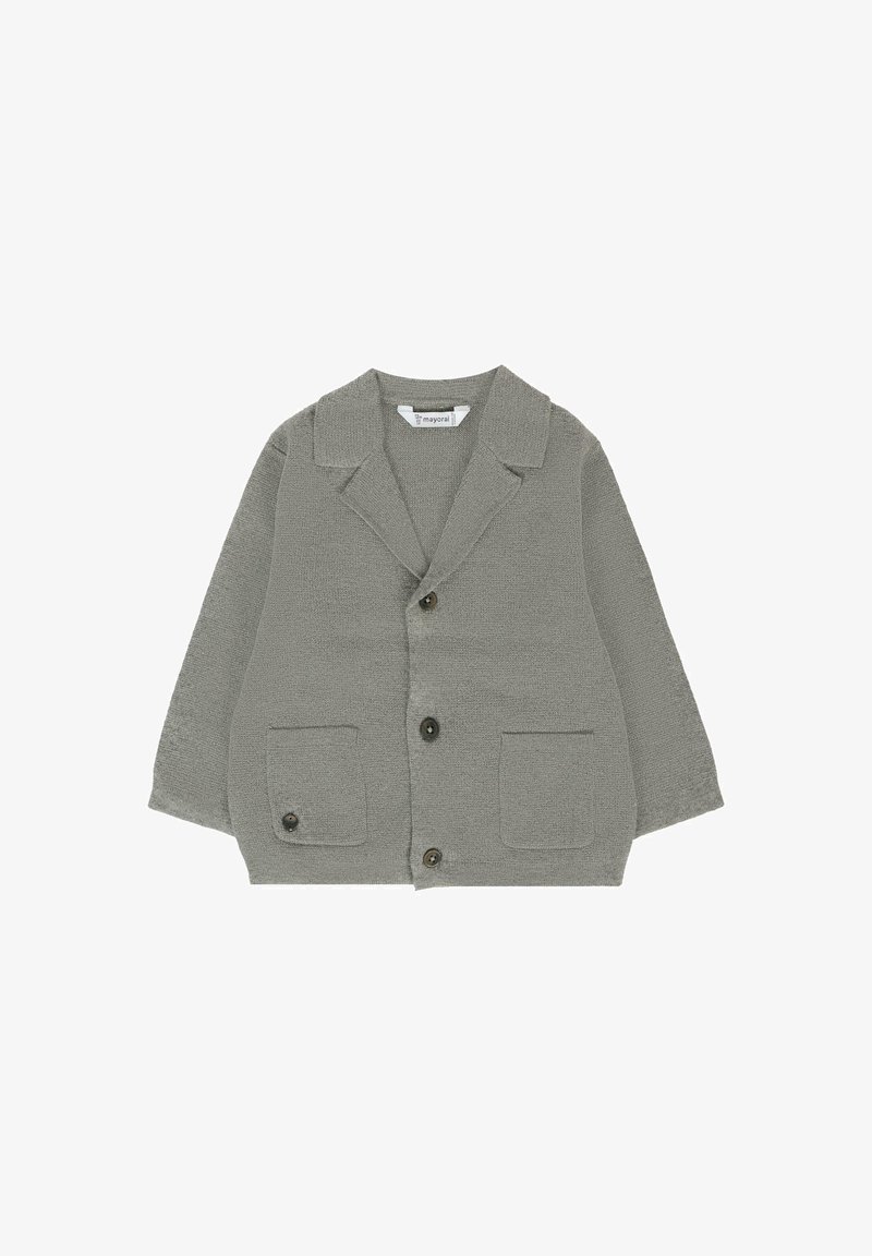 Blazer en tissu texturé gris avec un col cranté, des boutons devant, deux poches plaquées et une coupe décontractée. Idéal pour les tenues décontractées.