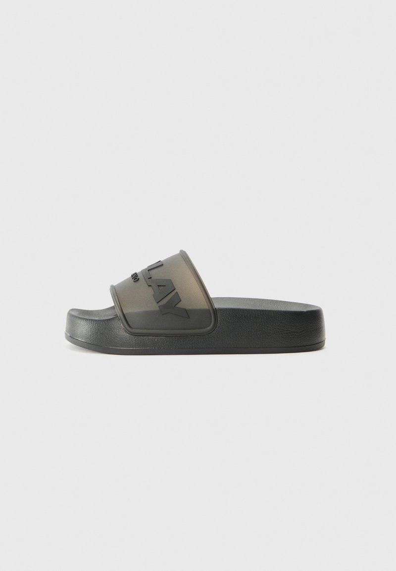 Black slide sandal with a matte finish, featuring a transparent gray strap embossed with the word "PLAY," flat sole, and rounded toe.