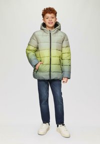 Daunenjacke in abgestuften Grün- und Grautönen, mit Reißverschluss vorne, Kapuze und seitlichen Taschen. Kombiniert mit dunklen Jeans und Sneakers.