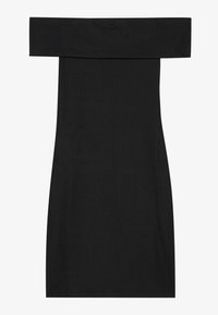 Robe noire décolletée en maille côtelée. Silhouette ajustée avec un ourlet droit et un design minimaliste, conçue pour un look épuré.