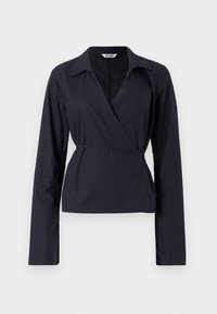 Black wrap top made of lightweight fabric. Features long sleeves, a collar, and a tied waist for a fitted silhouette.