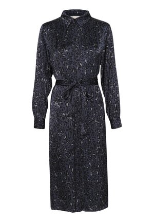 Pikk tumesinine leopardi mustriga kleit siidist kangast, millel on krae, nööbid ees, pikad varrukad ja sobiv vöö taljes.