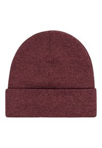 Maroon knit beanie with a folded cuff. Textured fabric with a smooth finish. Round top with no visible logos or embellishments.