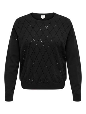 Črni pulover z okroglim izrezom, na sprednji strani z vzorcem v obliki diamanta iz bleščic. Dolgi rokavi in teksturiran na ramenih.