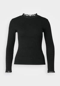 Black long-sleeve top in ribbed material with a fitted silhouette. Features a scalloped lace trim at the collar and sleeve hems.