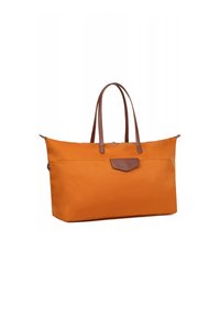 Borsa a tracolla arancione realizzata in materiale liscio, con manici in pelle marrone e un accento in pelle sul davanti. Chiusura con zip nella parte superiore.