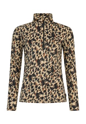 Langemouwen, hoogstaande pullover in een mix van tan, zwart en bruin luipaardprint. Gemaakt van zachte, rekbare stof met een ritssluiting.