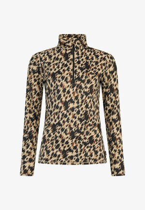Long-sleeve, high-collar pullover in a mix of tan, black, and brown leopard-print pattern. Made of soft, stretchable fabric with a zip closure.