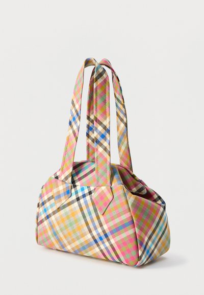 Μικρή τσάντα χειρός με δύο μακριά χερούλια, με πολύχρωμο καρό σχέδιο σε αποχρώσεις ροζ, μπλε, πράσινο, κίτρινο και μπεζ.