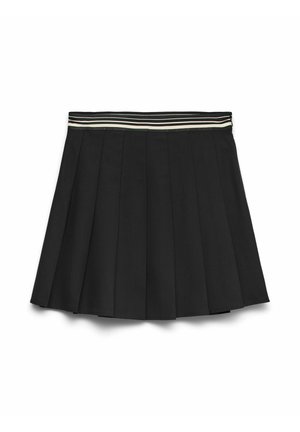Jupe mini plissée noire avec une taille élastique rayée dans des tons noir, blanc et beige.