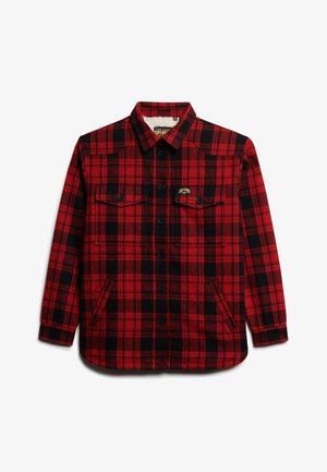 Red and black plaid flannel jacket featuring a button-up front, two chest pockets, and a fleece-lined collar. Soft texture and durable fabric.