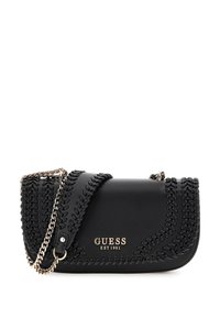 Borsa a spalla nera in pelle con dettagli intrecciati, hardware dorato e tracolla a catena. Presenta un'iscrizione del logo sul davanti.