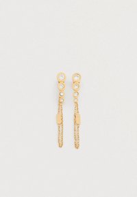 Χρυσά σκουλαρίκια με τρία λαμπερά διάφανα κρύσταλλα και δύο λεπτές αλυσίδες. Διαθέτουν κυκλικές ρυθμίσεις και σφραγισμένα ετικέτες.