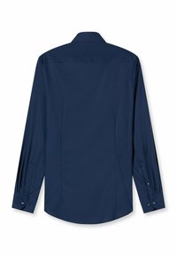 Marineblaue Langarmbluse mit Kragen, Manschetten mit Knöpfen und glatter Textur. Verfügt über einen abgerundeten Saum und Rückensätzen für eine gute Passform.