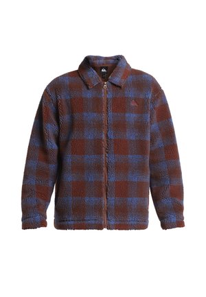 Bruine en blauwe geruite fleecejack met een kraag, volle rits en logo op de linkerborst. Zachte textuur en casual ontwerp.