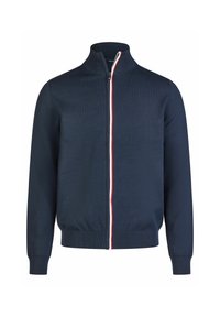 Marine blauw zip-up jas met een hoge kraag, voorzien van een centrale rits en contrasterende rode en witte strepen langs de voorkant. Gelaagd breimateriaal.